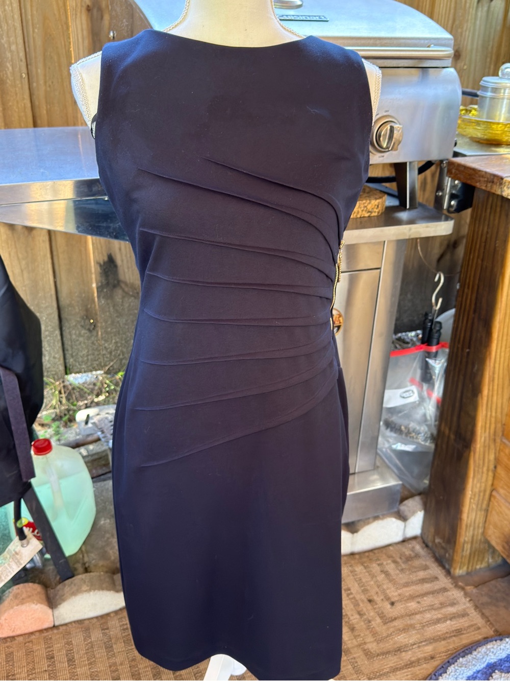 Ivanka Trump Black Midi Sheath Dress with Asymmetric Pleat Detail